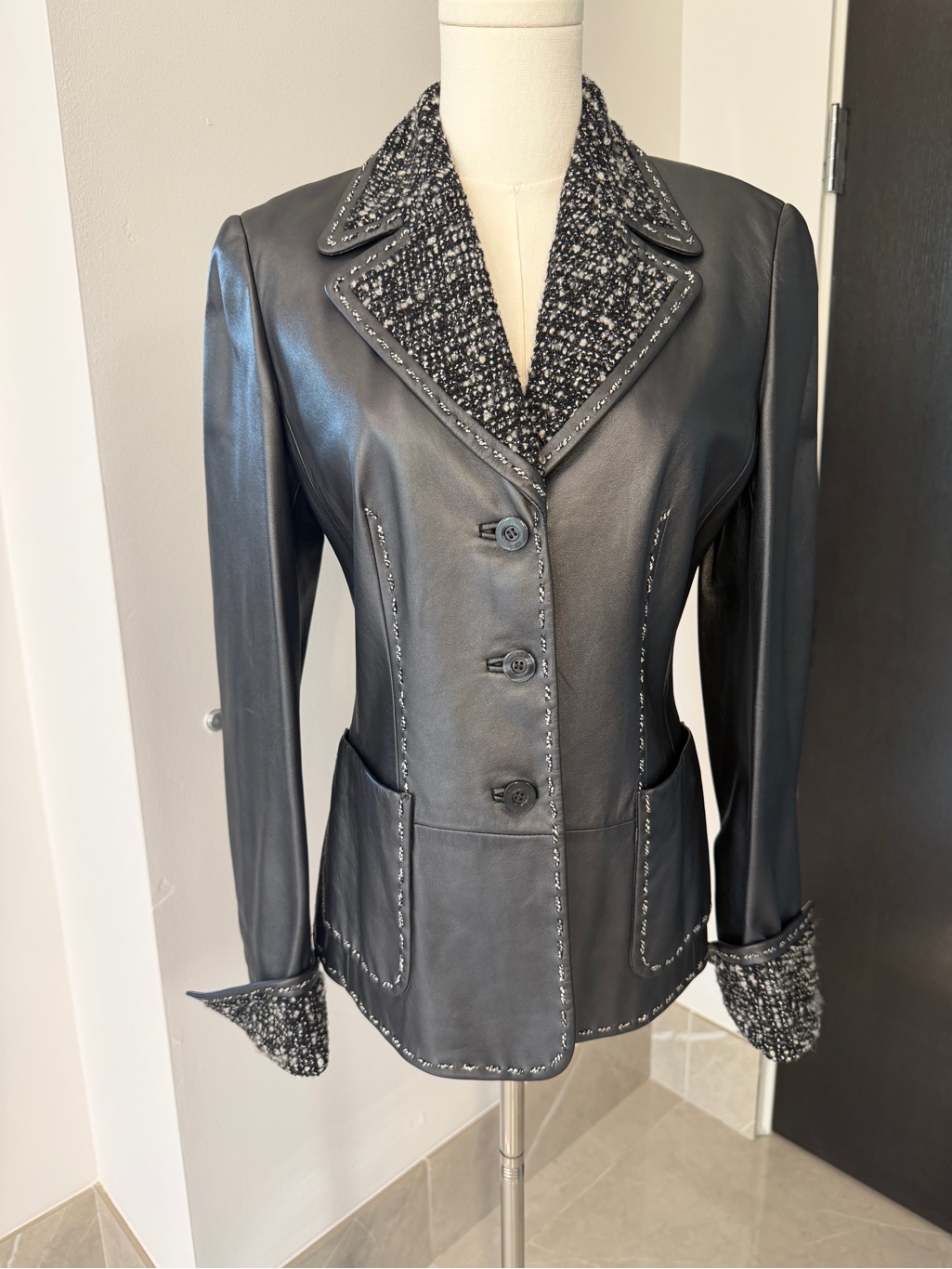 Escada Anthracite Leather Blazer With Tweed Trim
